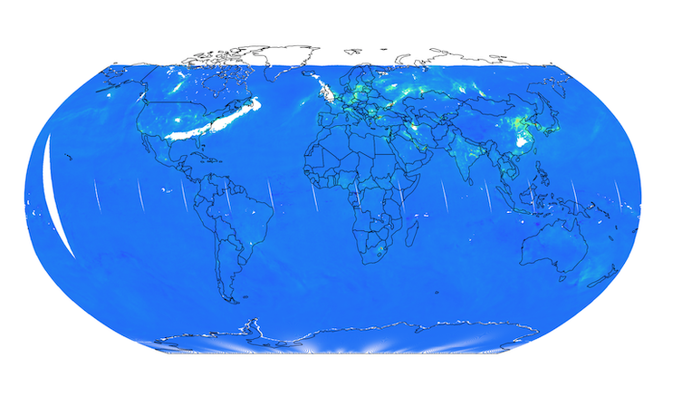 Satellite image from Sentinel 5p that shows the global levels of Nitrogen Dioxide (NO2) in February 2020