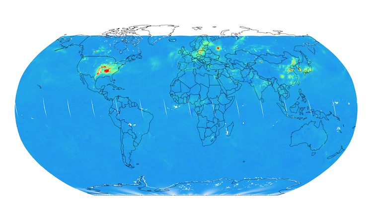 Satellite image from Sentinel 5p that shows the global levels of Nitrogen Dioxide (NO2) in February 2019